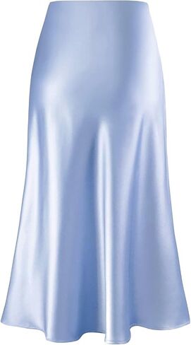 Womens Silky Satin Midi Skirt High Waist Elastic Waist A Line Skirt in Kuwait