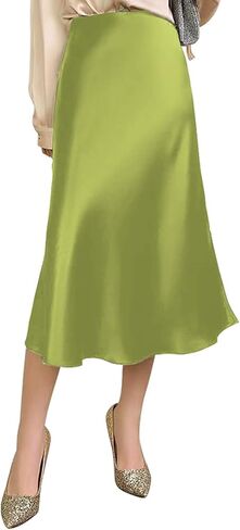 Womens Silky Satin Midi Skirt High Waist Elastic Waist A Line Skirt in Kuwait