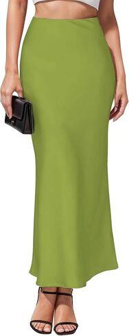 Womens Silky Satin Midi Skirt High Waist Elastic Waist A Line Skirt in Kuwait
