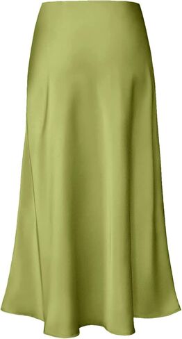 Womens Silky Satin Midi Skirt High Waist Elastic Waist A Line Skirt in Kuwait