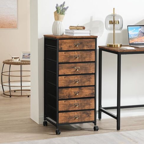 HOOBRO 7-Drawer Vertical File Cabinet, Office Cabinet with Drawers, Filing Cabinet for Home Office, with S Hooks and Nameplates, Sturdy Metal Support, Easy Assembly, Rustic Brown and Black BF71WJ01 in Saudi Arabia