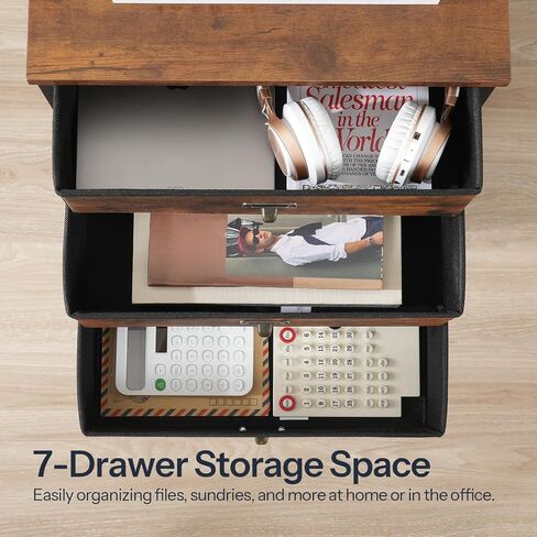 HOOBRO 7-Drawer Vertical File Cabinet, Office Cabinet with Drawers, Filing Cabinet for Home Office, with S Hooks and Nameplates, Sturdy Metal Support, Easy Assembly, Rustic Brown and Black BF71WJ01 in Saudi Arabia