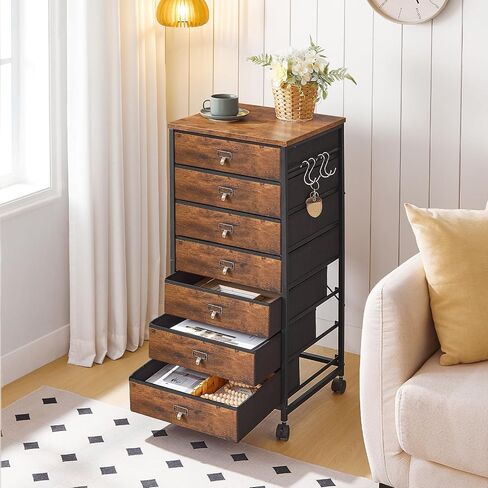 HOOBRO 7-Drawer Vertical File Cabinet, Office Cabinet with Drawers, Filing Cabinet for Home Office, with S Hooks and Nameplates, Sturdy Metal Support, Easy Assembly, Rustic Brown and Black BF71WJ01 in Saudi Arabia