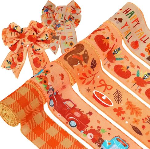 Whaline 25 Yards Thanksgiving Fall Burlap Ribbon 2.5 Inch Pumpkin Turkey Maple Leaves Truck Wired Edge Ribbons Orange Autumn Plaids Rustic Craft Ribbons for Wreath Floral Bows Craft Decor, 5 Rolls in Saudi Arabia