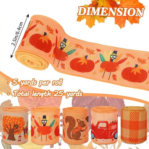 Whaline 25 Yards Thanksgiving Fall Burlap Ribbon 2.5 Inch Pumpkin Turkey Maple Leaves Truck Wired Edge Ribbons Orange Autumn Plaids Rustic Craft Ribbons for Wreath Floral Bows Craft Decor, 5 Rolls in Saudi Arabia