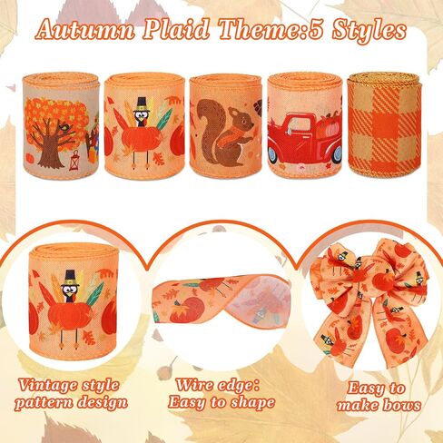 Whaline 25 Yards Thanksgiving Fall Burlap Ribbon 2.5 Inch Pumpkin Turkey Maple Leaves Truck Wired Edge Ribbons Orange Autumn Plaids Rustic Craft Ribbons for Wreath Floral Bows Craft Decor, 5 Rolls in Saudi Arabia