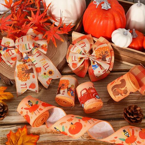 Whaline 25 Yards Thanksgiving Fall Burlap Ribbon 2.5 Inch Pumpkin Turkey Maple Leaves Truck Wired Edge Ribbons Orange Autumn Plaids Rustic Craft Ribbons for Wreath Floral Bows Craft Decor, 5 Rolls in Saudi Arabia