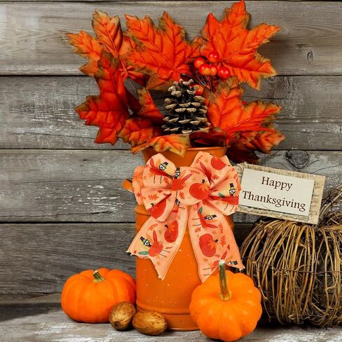 Whaline 25 Yards Thanksgiving Fall Burlap Ribbon 2.5 Inch Pumpkin Turkey Maple Leaves Truck Wired Edge Ribbons Orange Autumn Plaids Rustic Craft Ribbons for Wreath Floral Bows Craft Decor, 5 Rolls in Saudi Arabia