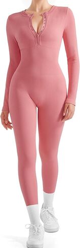 SUUKSESS Women Long Sleeve Ribbed Workout Jumpsuit One Piece V Neck Button Down Yoga Jumpsuits in Saudi Arabia