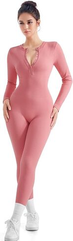SUUKSESS Women Long Sleeve Ribbed Workout Jumpsuit One Piece V Neck Button Down Yoga Jumpsuits in Saudi Arabia