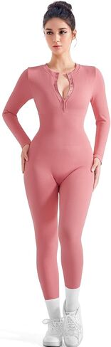 SUUKSESS Women Long Sleeve Ribbed Workout Jumpsuit One Piece V Neck Button Down Yoga Jumpsuits in Saudi Arabia