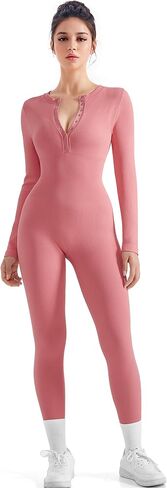 SUUKSESS Women Long Sleeve Ribbed Workout Jumpsuit One Piece V Neck Button Down Yoga Jumpsuits in Saudi Arabia
