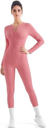 SUUKSESS Women Long Sleeve Ribbed Workout Jumpsuit One Piece V Neck Button Down Yoga Jumpsuits in Saudi Arabia