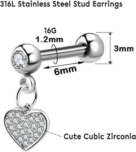1 Pair 16G Cartilage Stud Earrings for Women Surgical Steel Helix Earrings Dangle Moon Star Butterfly Heart Cross CZ Hypoallergenic Tragus Couch Helix Piercing Jewelry in Kuwait