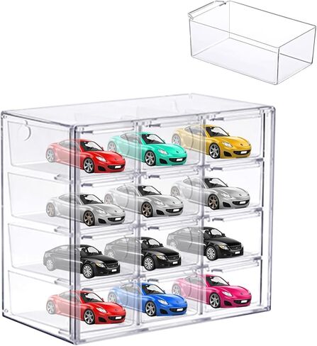 Storage Case for 12 Model Car 1/64 Scale Toy Model Cars Display Case Organizer Container Box with 12 Drawers Compartments Portable Transparent Carrying Holder Fit for 1:64 Scale Vehicles (Box Only) in Kuwait