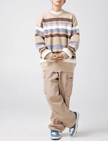 Arssm سترة رجالي عتيقة سترات منسوجة مخططة كبيرة الحجم بلوزات بياقة دائرية بلوفر خريفي قطع علوية ملونة تريكو in Kuwait