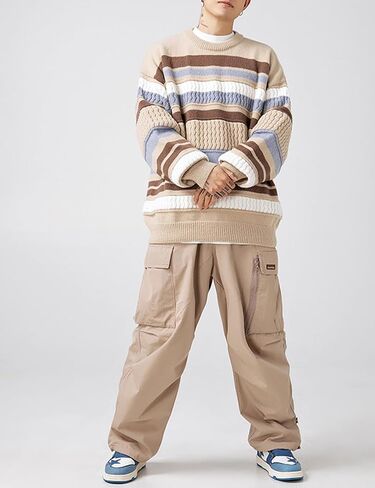 Arssm سترة رجالي عتيقة سترات منسوجة مخططة كبيرة الحجم بلوزات بياقة دائرية بلوفر خريفي قطع علوية ملونة تريكو in Kuwait