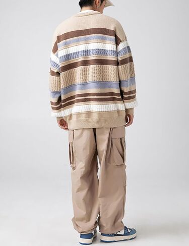 Arssm سترة رجالي عتيقة سترات منسوجة مخططة كبيرة الحجم بلوزات بياقة دائرية بلوفر خريفي قطع علوية ملونة تريكو in Kuwait