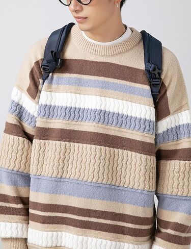 Arssm سترة رجالي عتيقة سترات منسوجة مخططة كبيرة الحجم بلوزات بياقة دائرية بلوفر خريفي قطع علوية ملونة تريكو in Kuwait