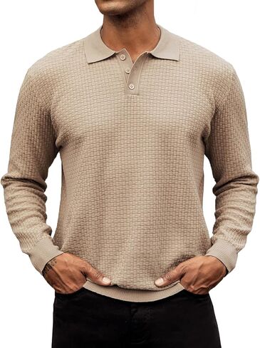 Hardaddy Men's Knit Polo Shirts Long Sleeve Knitted Button Up Pullover Sweater Polo Textured Casual Collared Tops in Saudi Arabia
