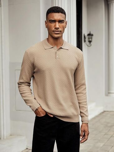 Hardaddy Men's Knit Polo Shirts Long Sleeve Knitted Button Up Pullover Sweater Polo Textured Casual Collared Tops in Saudi Arabia
