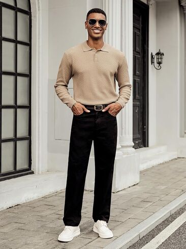 Hardaddy Men's Knit Polo Shirts Long Sleeve Knitted Button Up Pullover Sweater Polo Textured Casual Collared Tops in Saudi Arabia