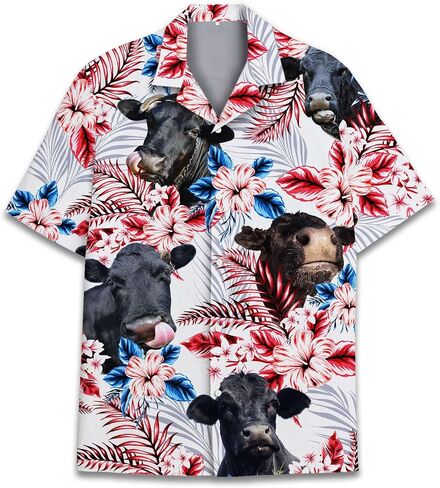 PIGO Cow Hawaiian Shirts for Men, Tropical Cow Button Down Shirt Men, US Flag Men's Hawaiian Shirt Short Sleeve in Kuwait