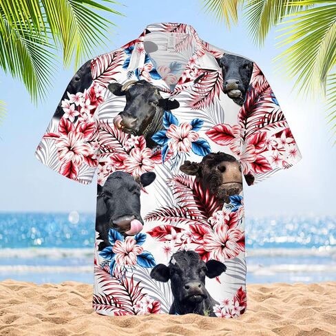 PIGO Cow Hawaiian Shirts for Men, Tropical Cow Button Down Shirt Men, US Flag Men's Hawaiian Shirt Short Sleeve in Kuwait