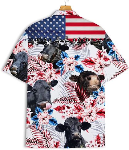 PIGO Cow Hawaiian Shirts for Men, Tropical Cow Button Down Shirt Men, US Flag Men's Hawaiian Shirt Short Sleeve in Kuwait
