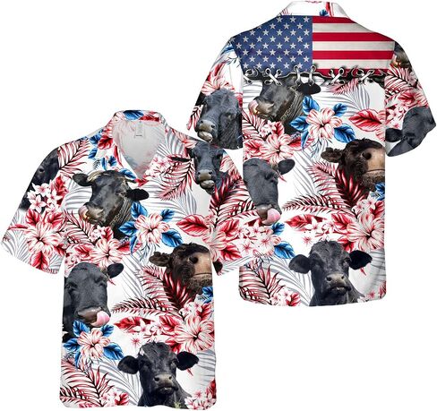 PIGO Cow Hawaiian Shirts for Men, Tropical Cow Button Down Shirt Men, US Flag Men's Hawaiian Shirt Short Sleeve in Kuwait