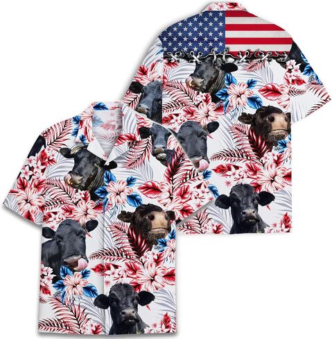 PIGO Cow Hawaiian Shirts for Men, Tropical Cow Button Down Shirt Men, US Flag Men's Hawaiian Shirt Short Sleeve in Kuwait