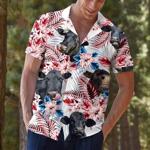 PIGO Cow Hawaiian Shirts for Men, Tropical Cow Button Down Shirt Men, US Flag Men's Hawaiian Shirt Short Sleeve in Kuwait
