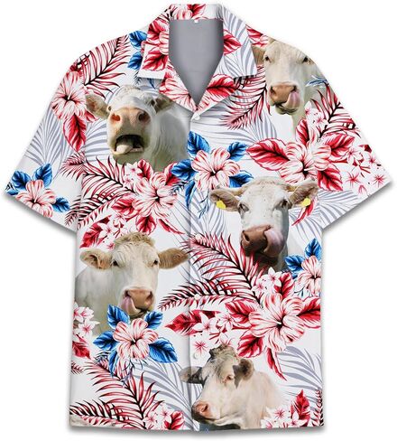 قمصان PIGO Cow Hawaiian للرجال، قميص هاواي بأزرار سفلية على شكل بقرة استوائية للرجال، قميص هاواي رجالي بعلم الولايات المتحدة بأكمام قصيرة in Kuwait