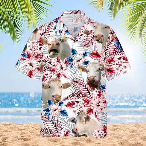 قمصان PIGO Cow Hawaiian للرجال، قميص هاواي بأزرار سفلية على شكل بقرة استوائية للرجال، قميص هاواي رجالي بعلم الولايات المتحدة بأكمام قصيرة in Kuwait