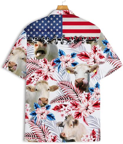 قمصان PIGO Cow Hawaiian للرجال، قميص هاواي بأزرار سفلية على شكل بقرة استوائية للرجال، قميص هاواي رجالي بعلم الولايات المتحدة بأكمام قصيرة in Kuwait