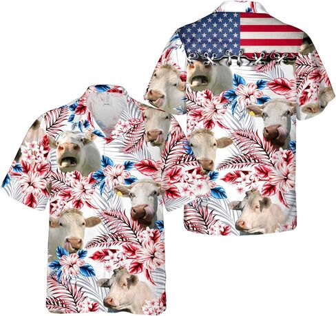 قمصان PIGO Cow Hawaiian للرجال، قميص هاواي بأزرار سفلية على شكل بقرة استوائية للرجال، قميص هاواي رجالي بعلم الولايات المتحدة بأكمام قصيرة in Kuwait