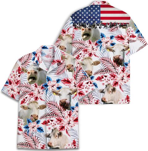 قمصان PIGO Cow Hawaiian للرجال، قميص هاواي بأزرار سفلية على شكل بقرة استوائية للرجال، قميص هاواي رجالي بعلم الولايات المتحدة بأكمام قصيرة in Kuwait