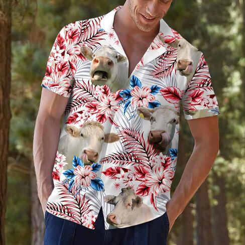 قمصان PIGO Cow Hawaiian للرجال، قميص هاواي بأزرار سفلية على شكل بقرة استوائية للرجال، قميص هاواي رجالي بعلم الولايات المتحدة بأكمام قصيرة in Kuwait