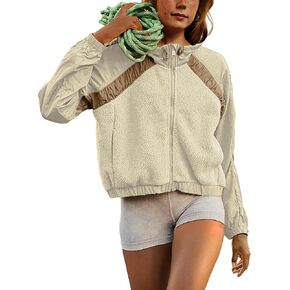 APAFES Womens Fleece Jacket Zip Up Long Sleeve Patchwork Fall Winter Sherpa Coats Activewear