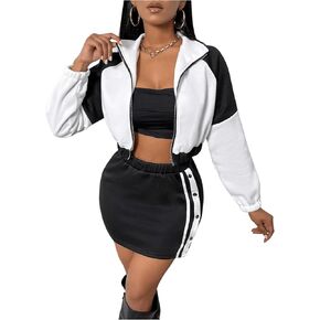 MakeMeChic Women's 2 Piece Outfit Colorblock Full Zip Crop Outerwear and Striped Skirt Set Tracksuit