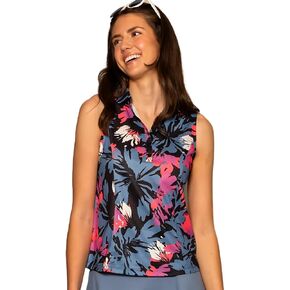 Ellie Day Sleeveless Abstract Floral Print Performance Polo Shirt for Women, Recycled, UPF, Black/Pink/White/Blue/Purple (US, Alpha, Small, Regular, Regular, Black/White/Pink)