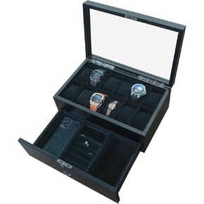 Watch Box 12 Slot Watch Cases for Men, 2 Layers Watch Display Case with Large Glass Lid, Lockable Watch Holder Organizer Giftable Luxurious