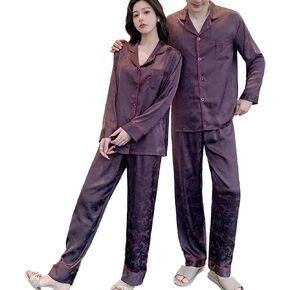Couples Silk Satin Pajama Sets Long Sleeve V-Neck Button-Down Top and Pants Loungewear with Pockets for Couples