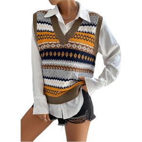 MakeMeChic Women's Vest Tops Striped Print V Neck Knit Casual Sleeveless Sweater Vest Tank Tops