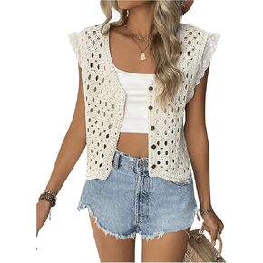 Women's Hollow Out Crochet Sweater Vest Knitted Cardigan Button Down Vest Tops Casual Sleeveless Ruffle Tank Top