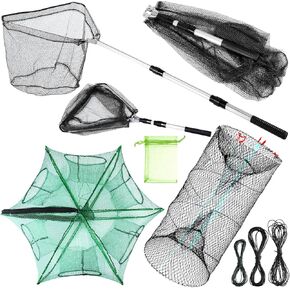 Windyun 3 Pcs Foldable Fishing Net Fishing Landing Net with Telescoping Pole Handle Collapsible Crab Trap Hexagon Fishing Bait Trap with Rope and Lure Bag for Crab Crayfish Shrimp Fishing Accessories