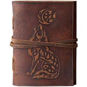 Wolf Leather Journal Embossed Bound - Writing Notebook Handmade Daily Notepads for Men & Women Blank Paper Best Gift for Art Sketchbook & Notebook 7x5 Inches (Handmade Paper)
