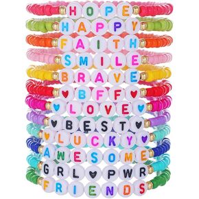 MYANAIL Friendship Bracelet 12Pcs English Letter Rice Bead Bracelet Set Boho Style Bracelet Bangle for Women