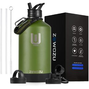 One Gallon Water Bottle Insulated,128oz Large Stainless Steel Water Bottles with Straw, 3 Lids and Paracord Handle,Big Gallon Water Jug for Gym and Outdoor Sports, Green