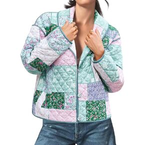 Tankaneo Womens Puffer Quilted Jacket Lightweight Floral Print Button Down Long Sleeve Patchwork Outwear Coats